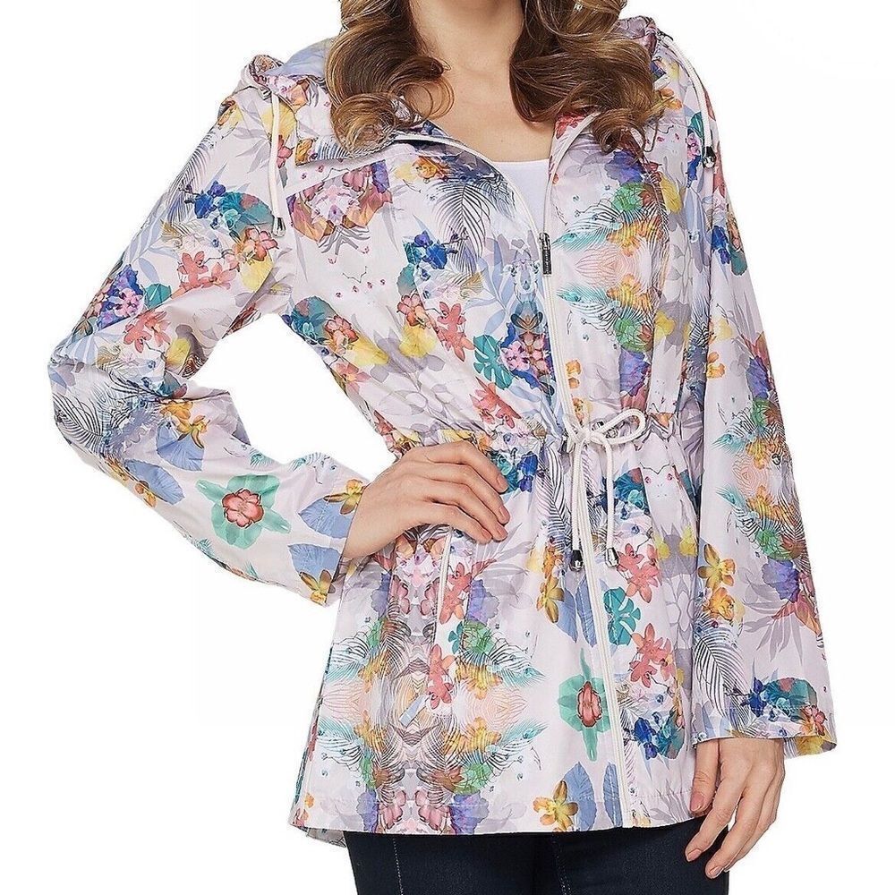 Susan Graver Multicolor Floral Packable Hooded Rain Jacket size 2X Cinch Waist